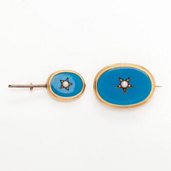 Brosch / hänge och smyckesdel, 14K guld, emalj, rosenslipade diamanter, pärlor.