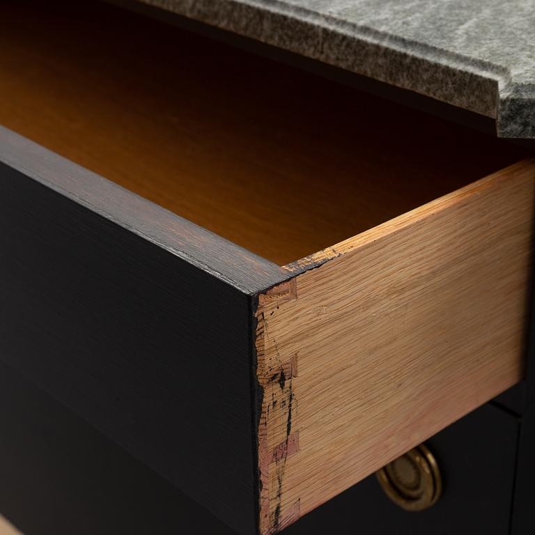 A mid 20th century Gustavian style painted chest of drawers with a marble top.