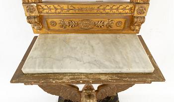 A Swedish Empire Mirror frame and console table, first half of the 19th century.