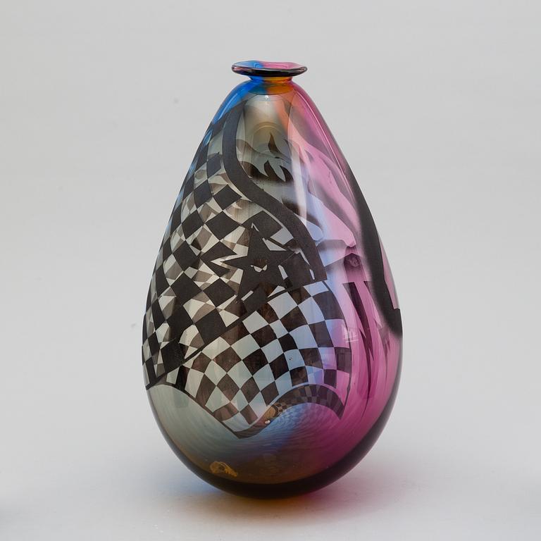 A glass vase by Kjell Engman, Kosta Boda, signed.