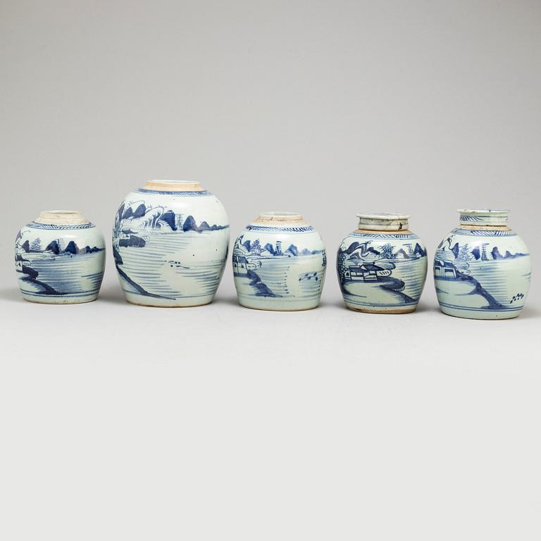 Five blue and white jars, Qing dynasty, 18t/19h century.