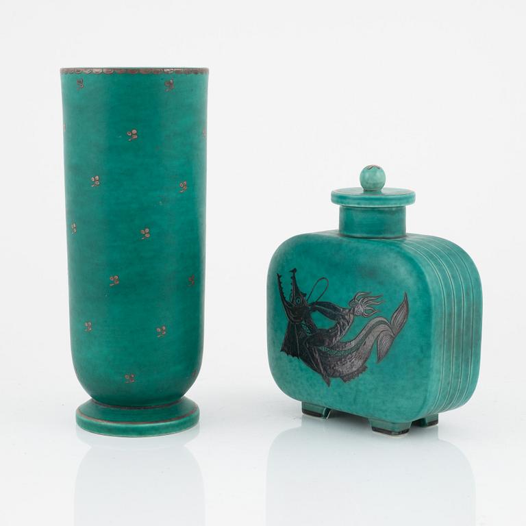 Wilhelm Kåge, a stoneware vase and a green vase with lid, 'Argenta', Gustavsberg.