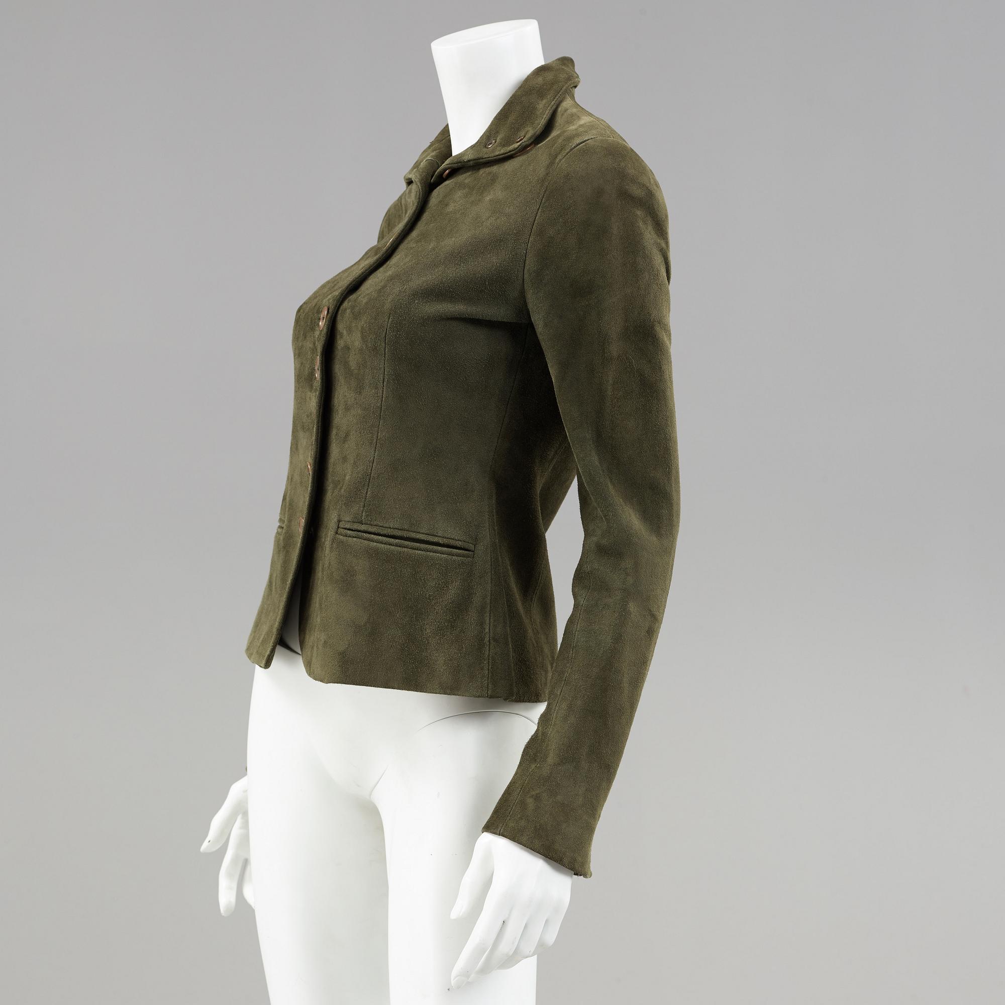 A dark green suede jacket by ralph lauren.