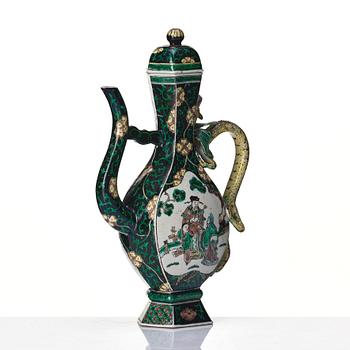 A famille noire ewer with cover, Qing dynasty, 19th Century with Kangxi six character mark.