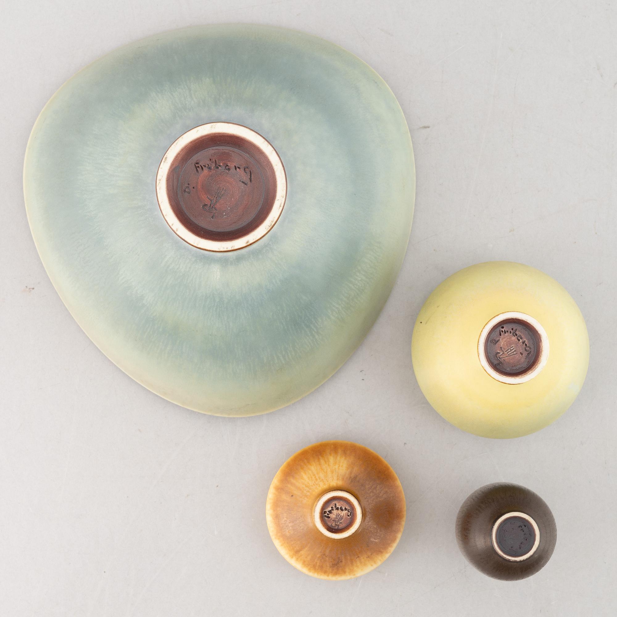 Berndt Friberg, a group of three stoneware bowls and a vase, Gustavsberg Studio.