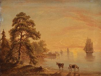 765. Albert Blombergsson, Kustlandskap med kor i solnedgång.