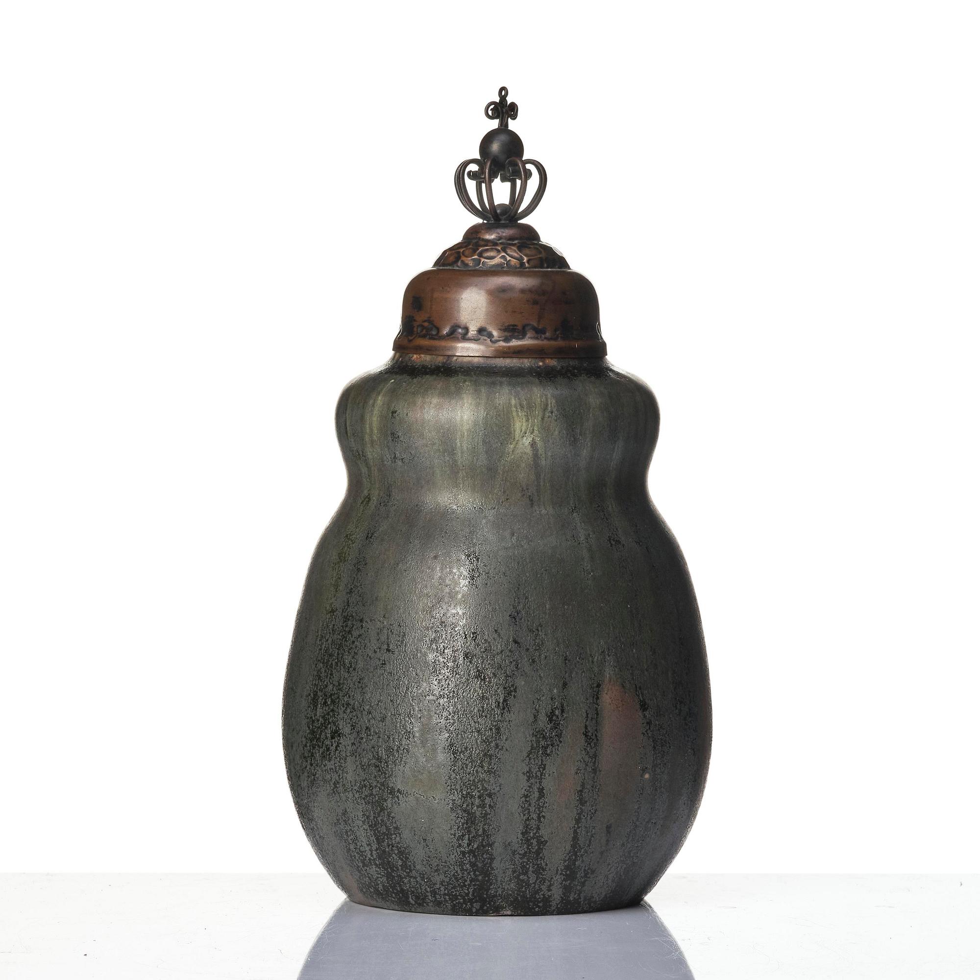 Patrick Nordström, a stoneware urn with a patinated metal cover, Royal Copenhagen, Denmark 1914.