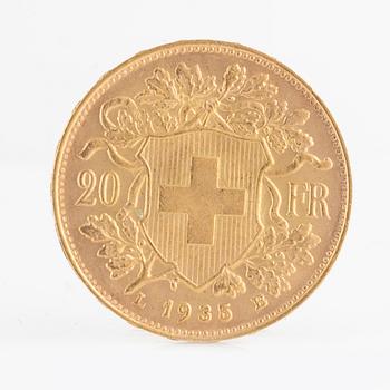 Guldmynt, Schweiz, 20 Franc, 1935 LB.