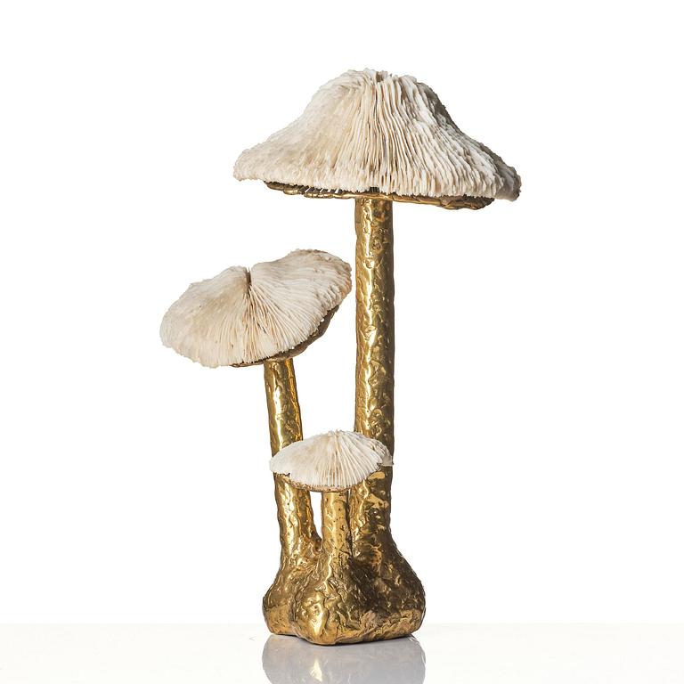 Jacques Duval-Brasseur, skulptur, tre svampar i gjuten brons och korall, Frankrike, 1970-tal.