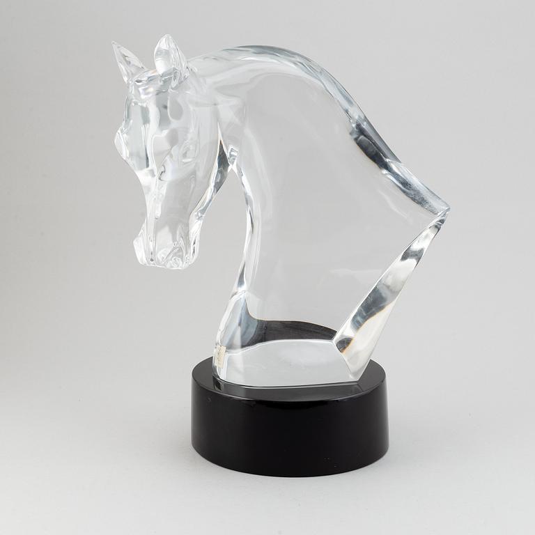 A Lalique Tête de Cheval Glass Horse Head Sculpture, signed.