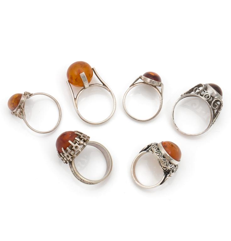 RINGAR, 6 st, bärnsten, silver.