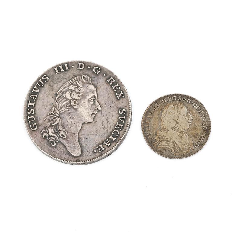 SILVERMYNT, 2 st, 1 Riksdaler Silvermynt, Gustav III, 1776 resp 1/6 Riksdaler Silvermynt, Gustav IV Adolf, 1803. Ca 34 g.