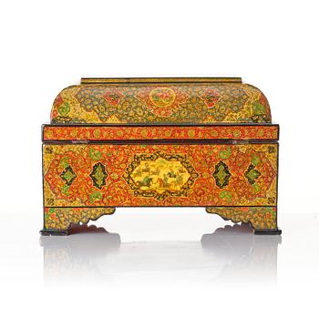 A large persian 'Safavid Revival' lacquer papier-mâché casket, Qajar dynasty.