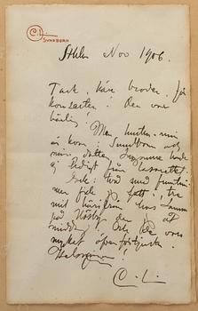 Carl Larsson, Handwritten letter of thanks, 1906.