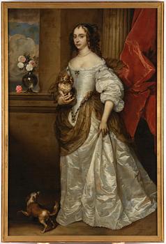 Adriaen Hanneman, Half-length portrait of a woman with a dog (Portret van een dame).