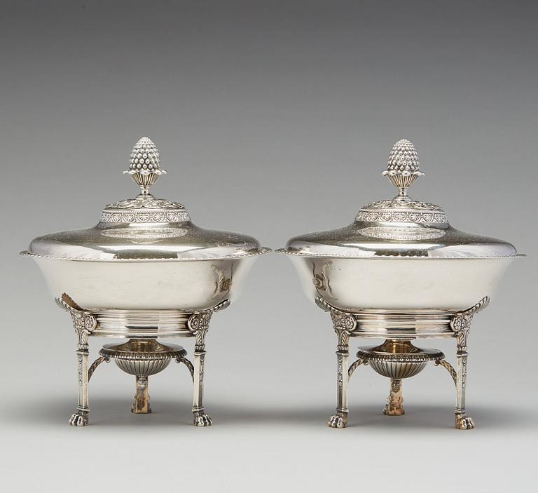 A pair of Swedish Empire silver tureens on stand, mark of Adolf Zethelius, Stockholm 1830.