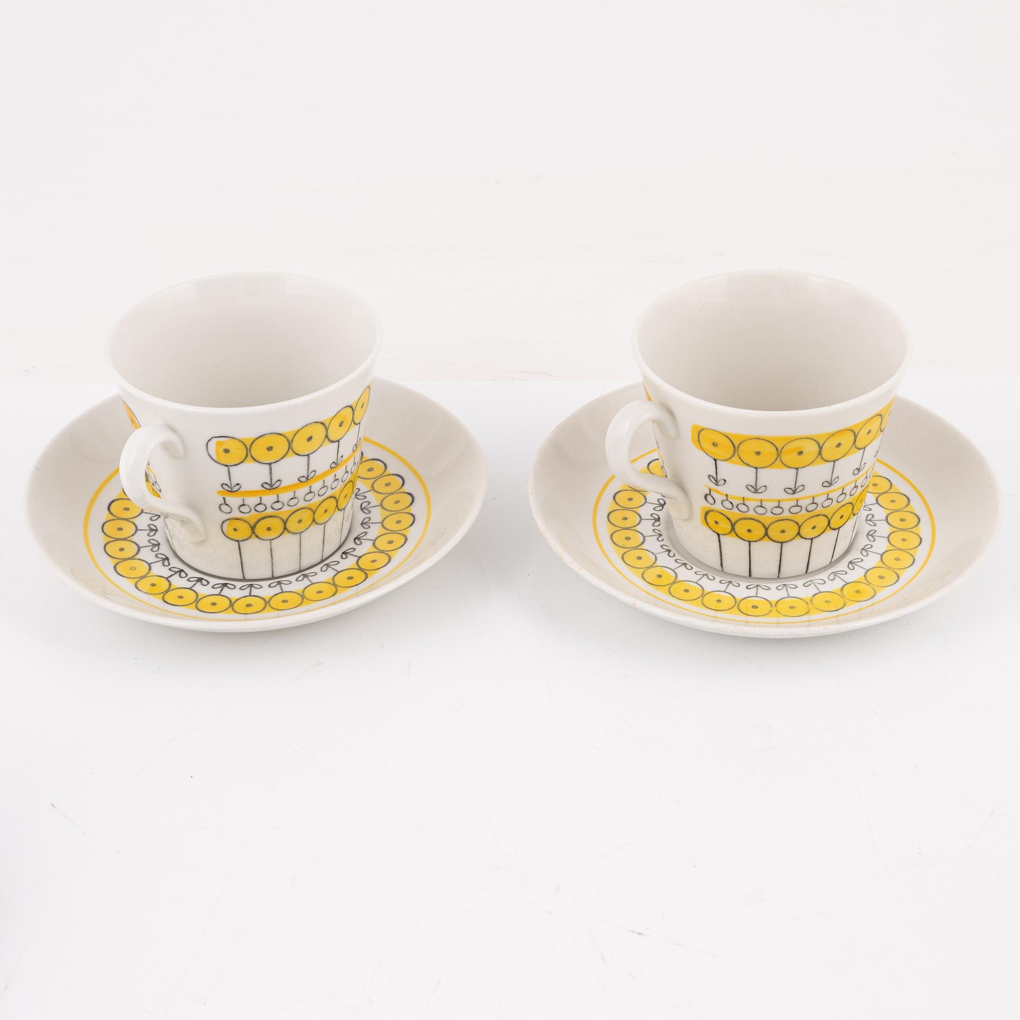 Berit Ternell, a set of six porcelain teacups with saucers, Upsala-Ekeby 1960-62.