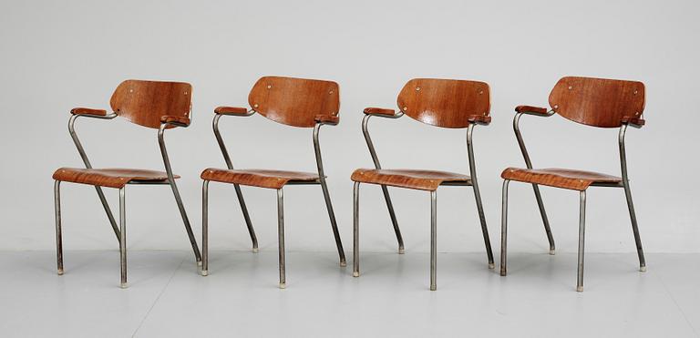 A set of four Swedish teak armchairs, 20th century.