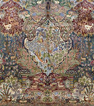 A Kashmar figural carpet. Circa 390 x 300 cm.