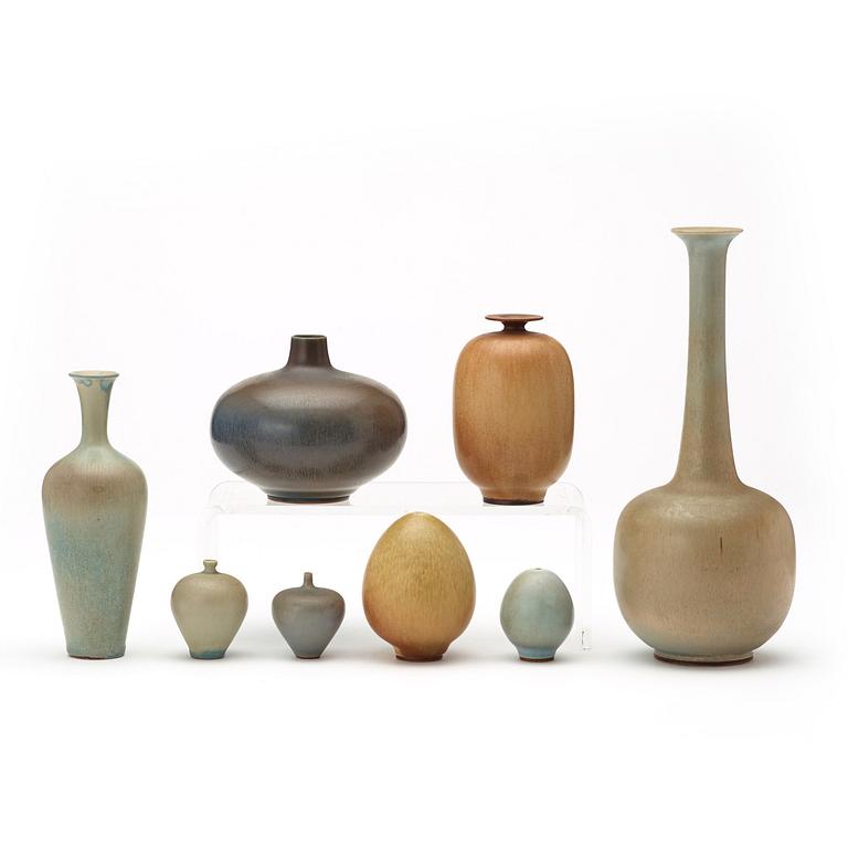 Berndt Friberg, a set of eight stoneware vases, Gustavsberg Studio 1942-61.