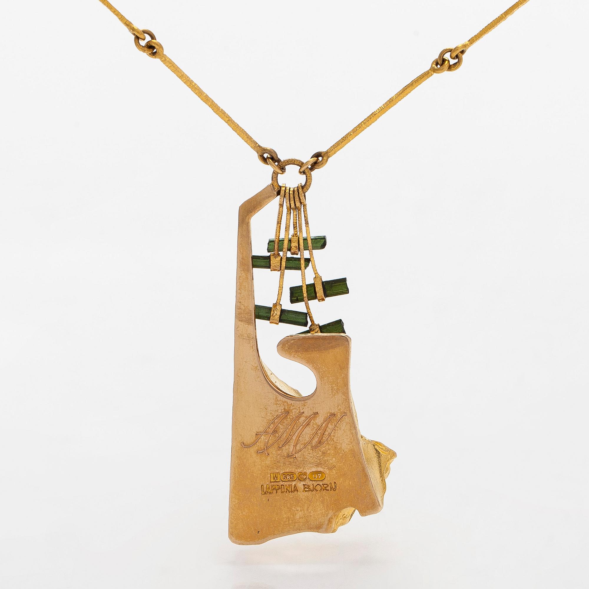 Björn Weckström, kaulakoru, "Semiramis", 14K kultaa ja turmaliineja. Lapponia 1973.