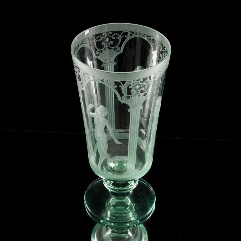 SKÅL, glas, Riihimäen Lasi, gravering möjligen Teodor Käppi, 1930-tal.