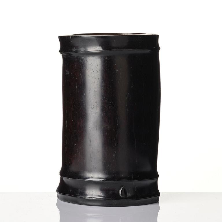 A hardwood bamboo shaped brushpot with a sceptre, China, 20th century.
