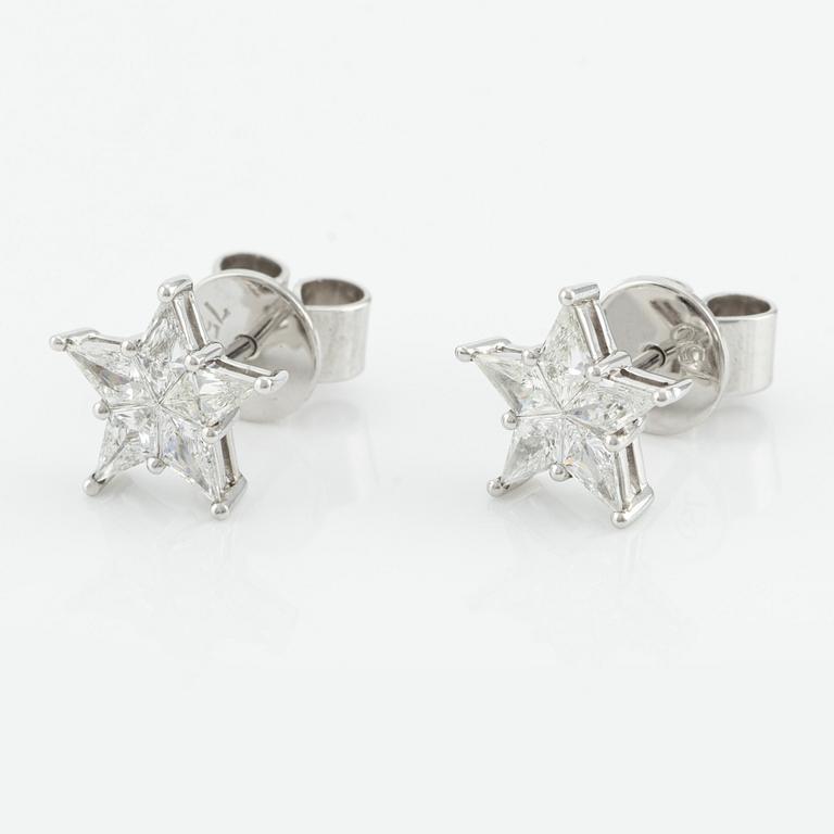 Earrings, in the shape of stars, white gold with fancy cut diamonds.