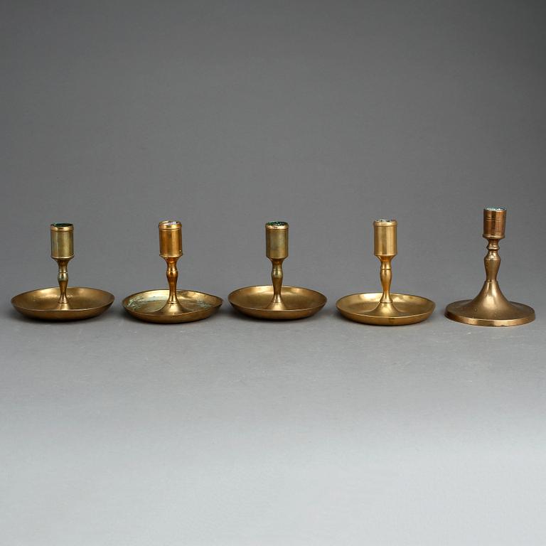 LJUSSTAKAR, 5 st, mässing, 1800-tal.
