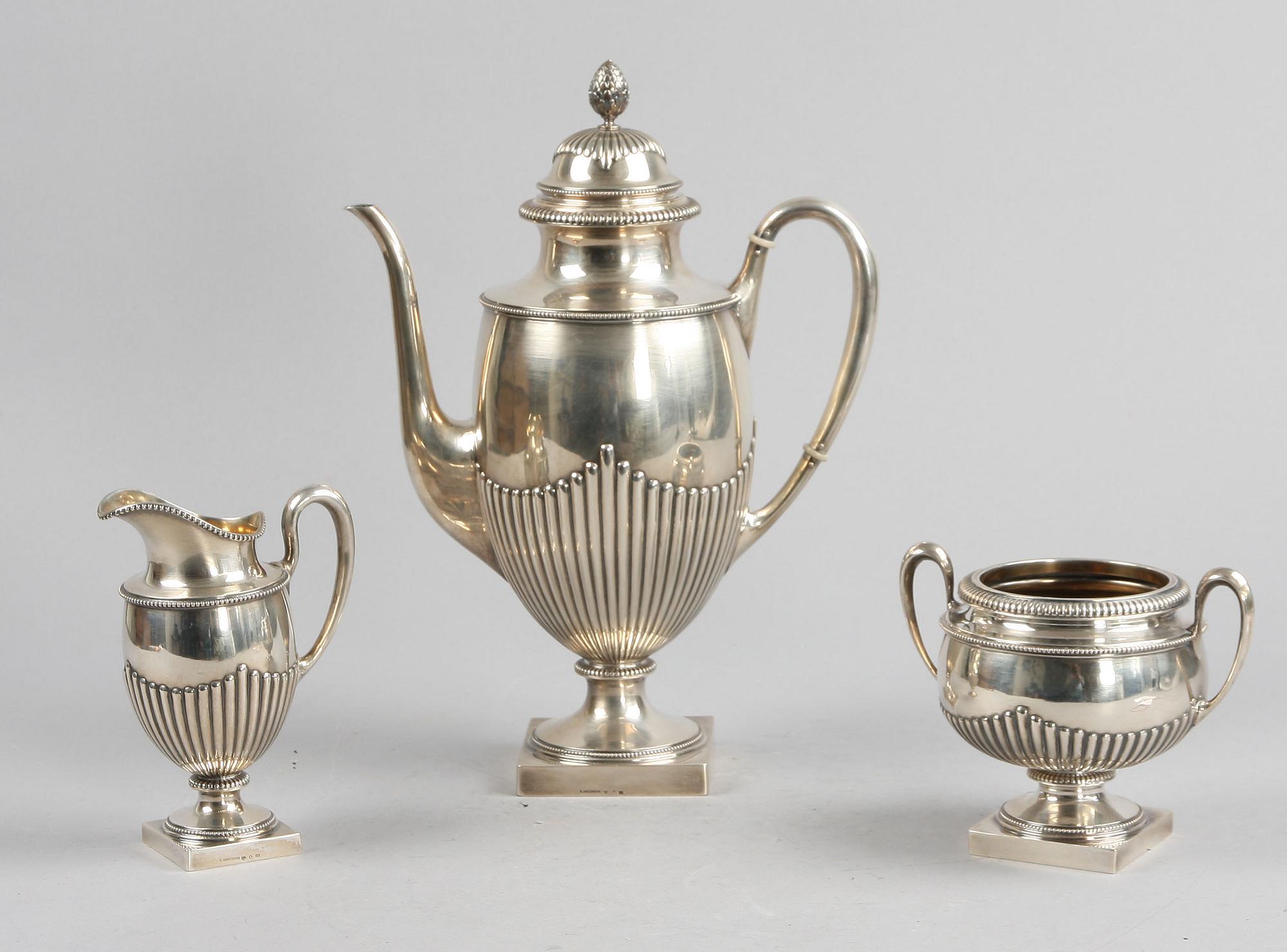 KAFFESERVIS, 3 delar. Silver. Empirestil, K Andersson. 1969-70. 1365gr.