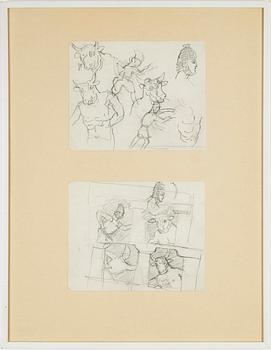 Hilding Linnqvist, pencil drawings, 2 + 3, framed together.