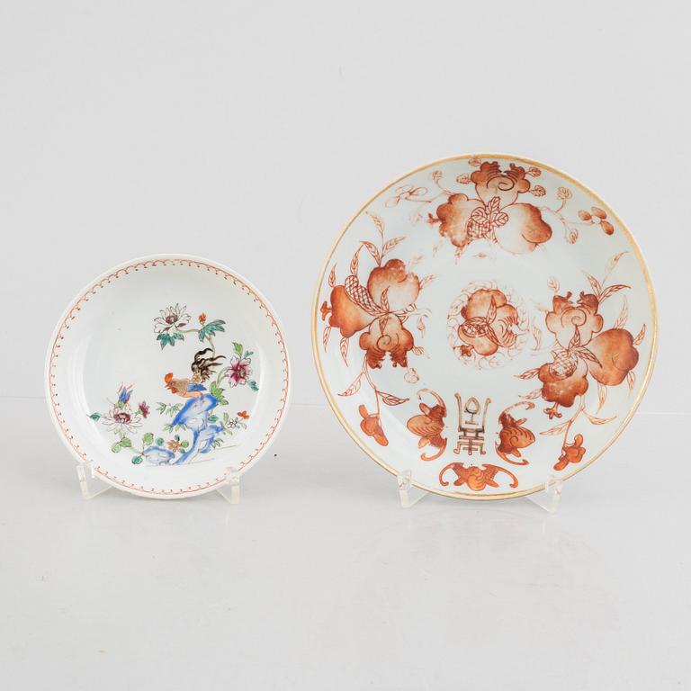 A Chinese famille rose porcelain sauce boat and five dishes, Qing dynasty, 18th and 19th century.