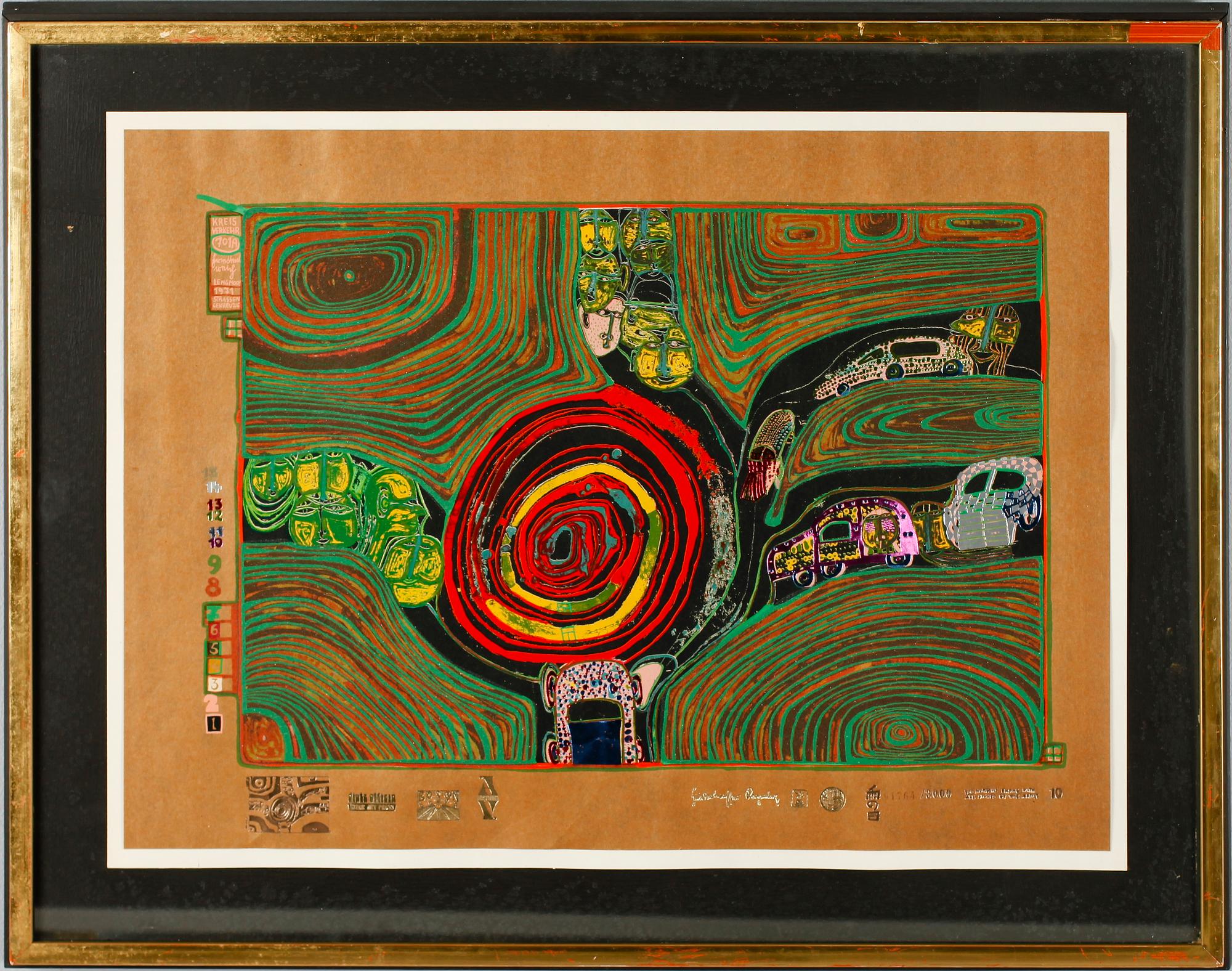 FRIEDENSREICH HUNDERTWASSER, färglitografi med guld- och silvertryck, signerad, numrerad 1764/3000.