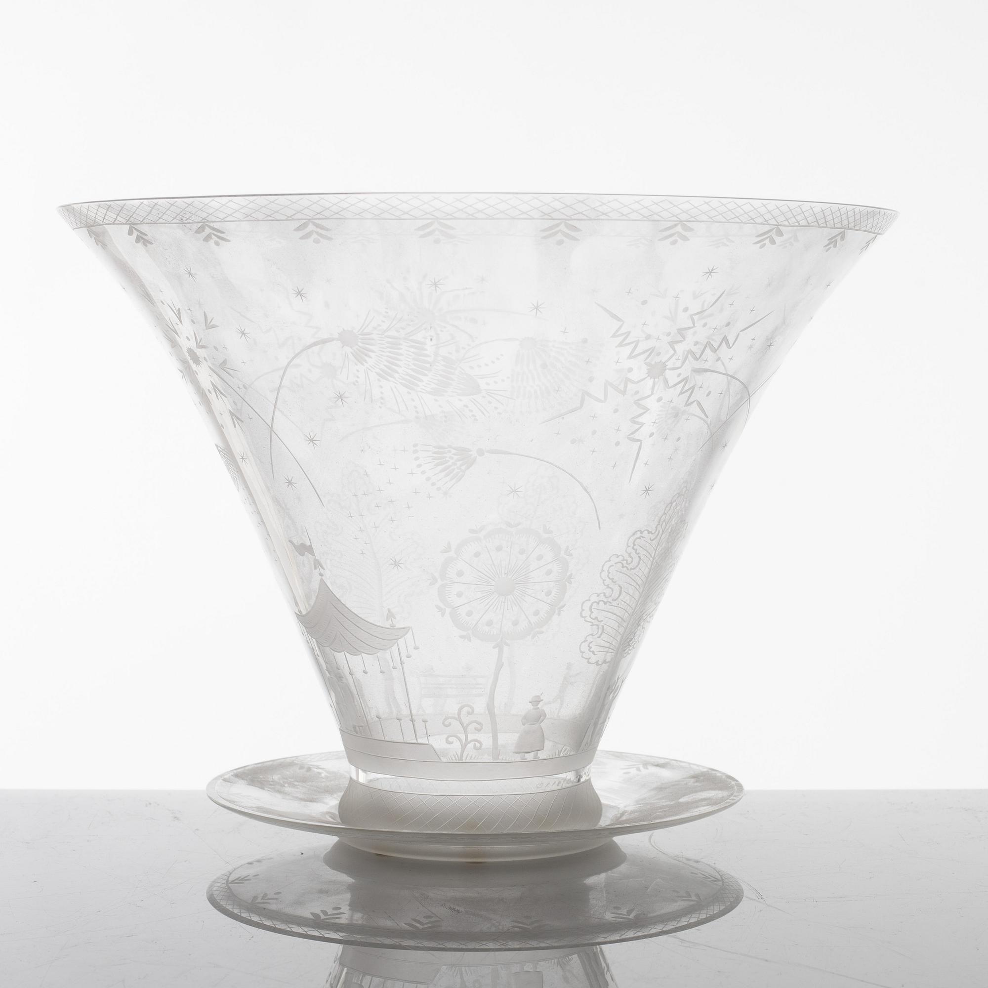 Edward Hald, skål med fat, glas "Fyrverkeriskålen", Orrefors 1968.