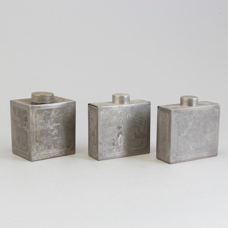 Three Chinese teacaddies in tin, Qing dynasty, 19th century.