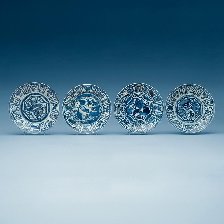 A set of four odd blue and white kraak dishes, Ming dynasty, Wanli (1572-1620).