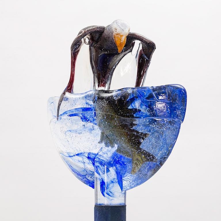 Kjell Engman, glass sculpture, seagull and fish in waves, Kosta Boda.