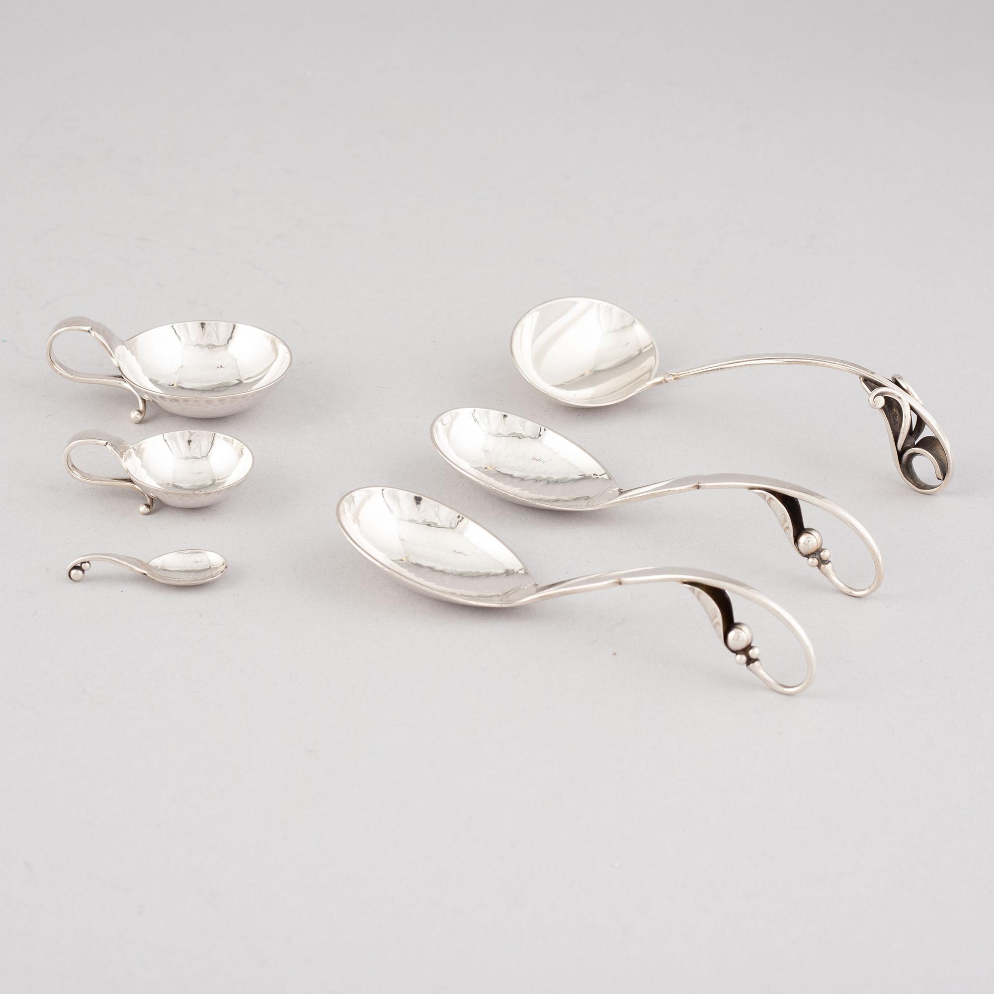 Georg Jensen, saltkar och småskedar, 6 st, sterling silver, Köpenhamn, 1900-talets mitt.