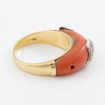 Ring, 18K gold with coral and octagon-cut diamonds.