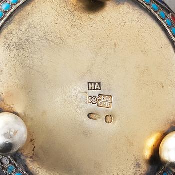 A Russian cloisonné enamel, silver salt cellar, mark of Nikolai Aleksejev, Moscow 1893.