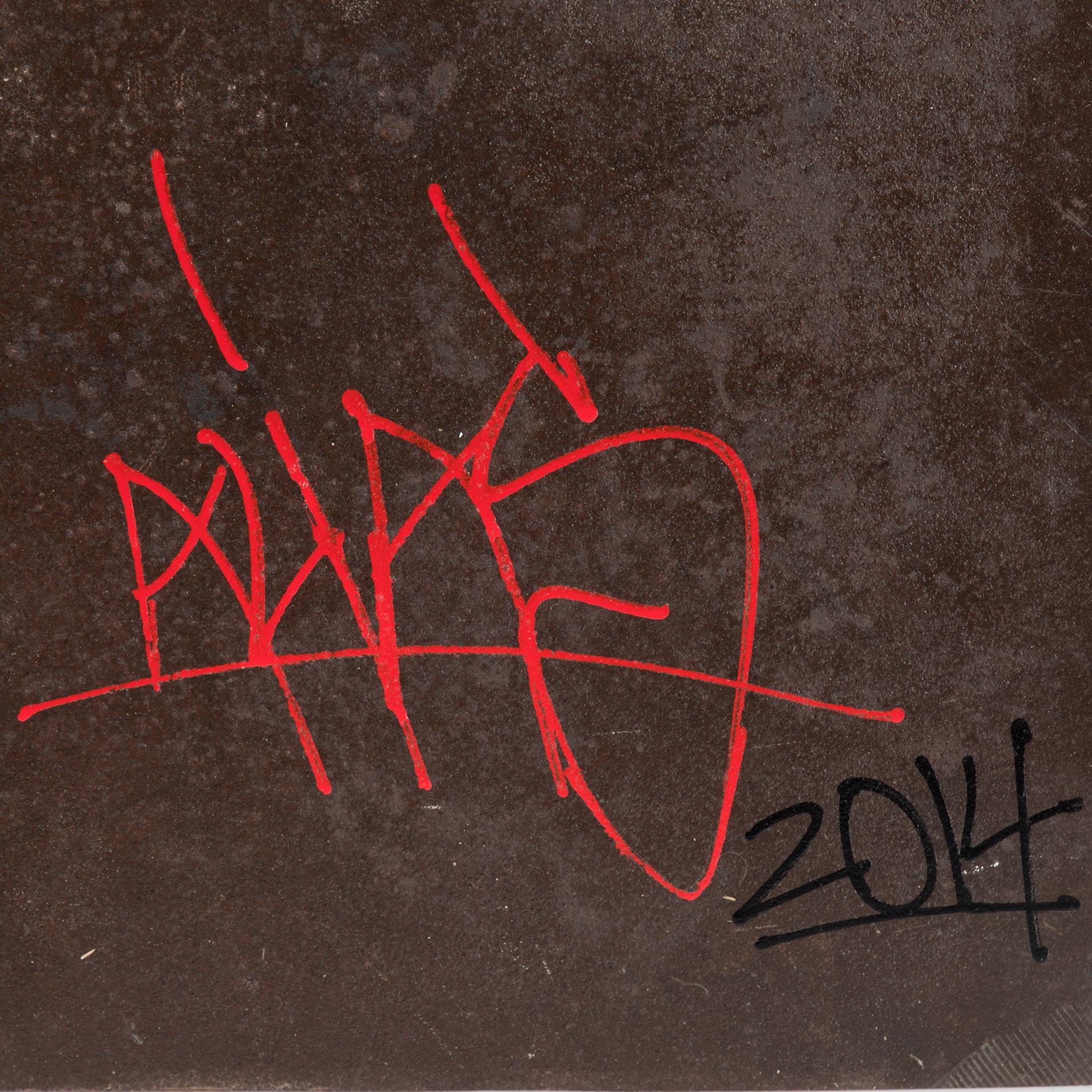 ALIAS, "Hiding", stencil/schablon på metall, signerad a tergo, 2014.