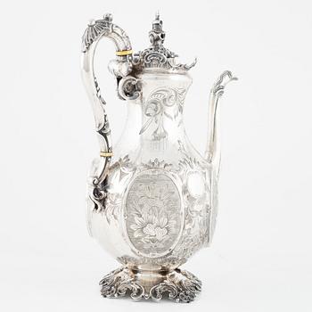 Kaffekanna, silver, Gustaf Möllenborg Féron, Stockholm, 1865.