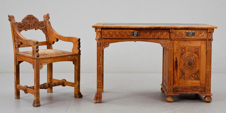 SKRIVBORD med STOL, fornnordisk stil, tidigt 1900-tal.