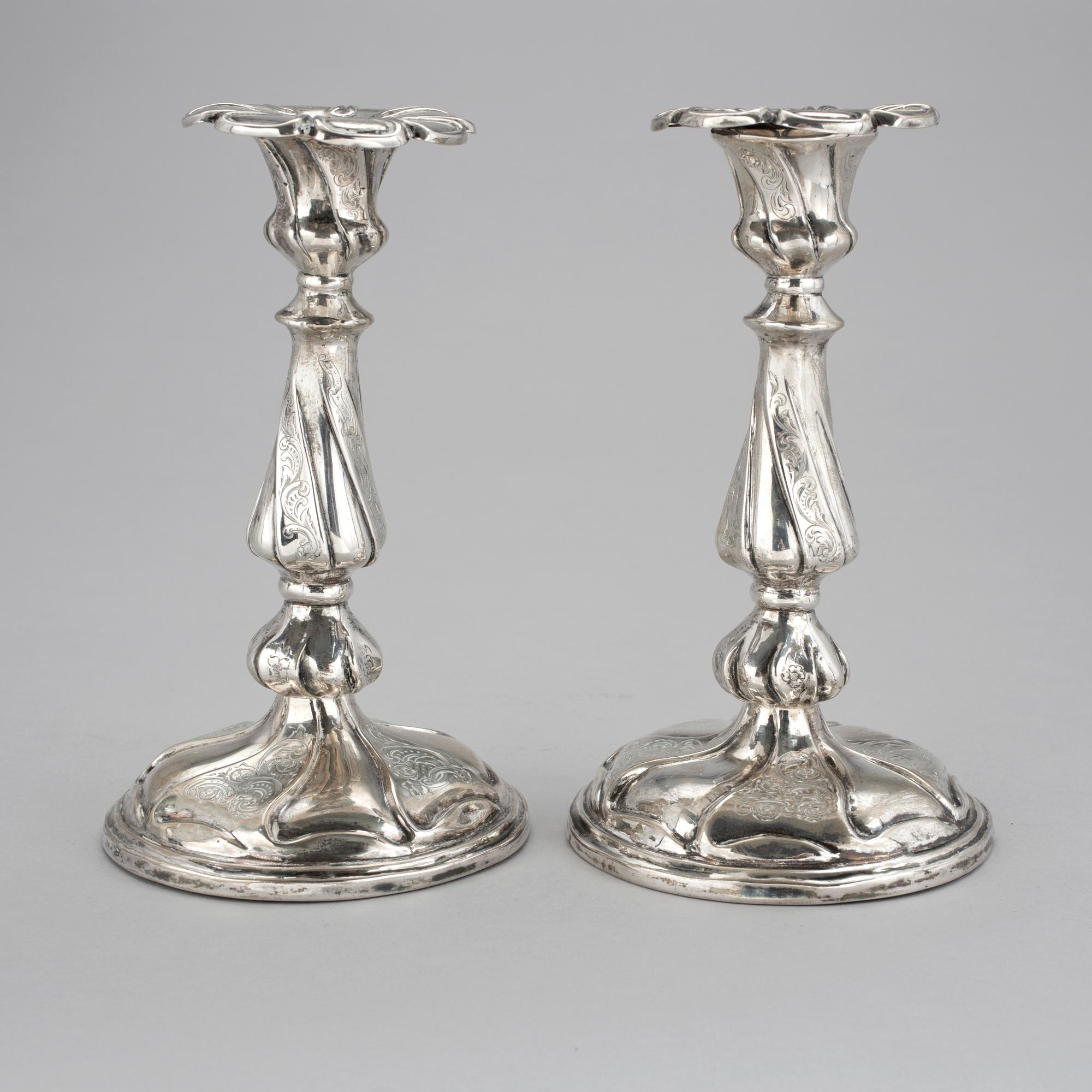 LJUSSTAKAR, ett par, silver, Gustaf Möllenborg, Stockholm, 1850.