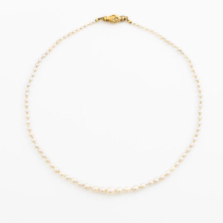Necklace of pearls with an 18K gold clasp.