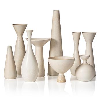 Carl-Harry Stålhane, a set of 9 stoneware vases, Rörstrand, Sweden 1950-60s.