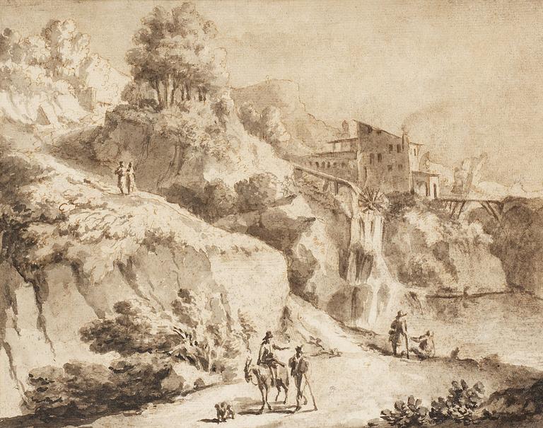 Cornelis Visscher Attributed to, An Italian landscape with travellers on  path.