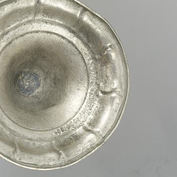 A pair of pewter candlesticks, Lars Claesson Fries, Strängnäs (1760-90).