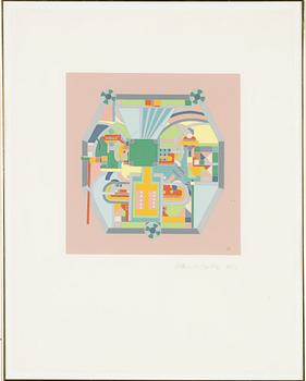 Eduardo Paolozzi, silkscreen in colours, 1986, signed and a scarf and brooches.