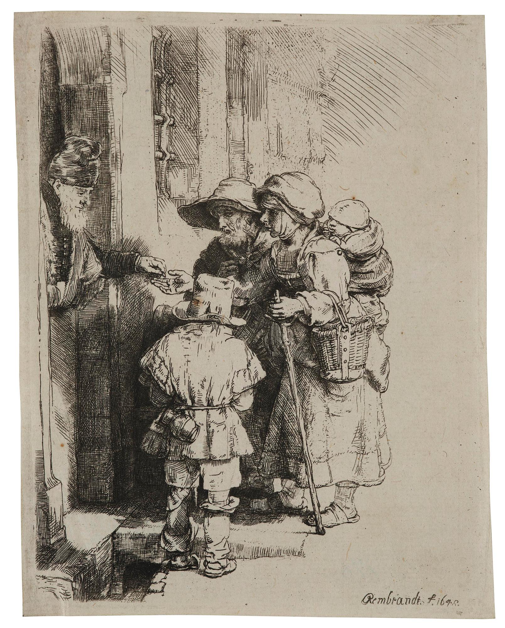 Rembrandt Harmensz van Rijn, "Beggars Receiving Alms at the Door of a House".
